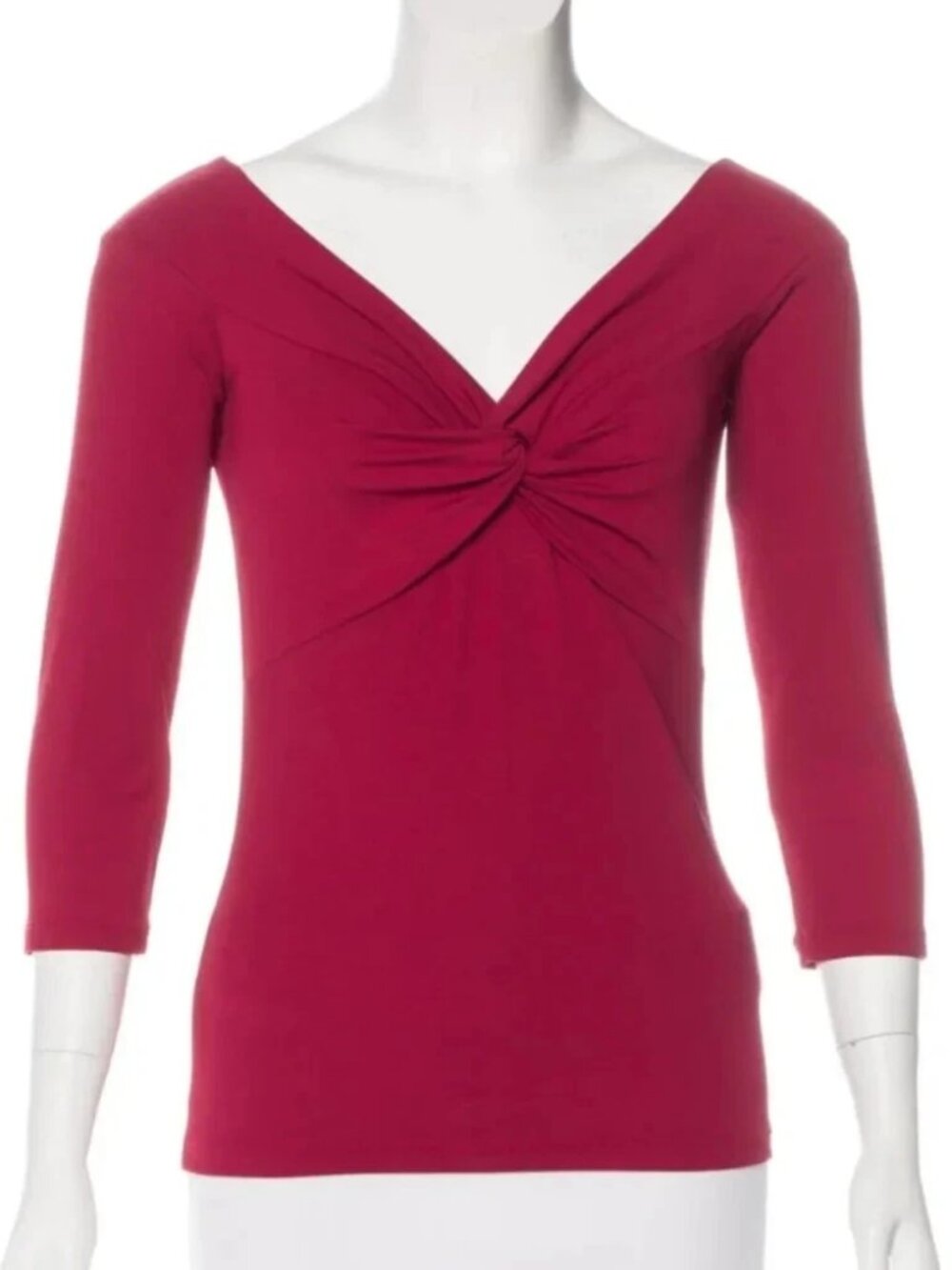 MICHAEL KORS COLLECTION DARK RED STRETCH V-NECK 3/4 SLEEVE TOP